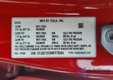 2022 Tesla Model 3 z USA, uszkodzony, nr VIN 5YJ3E1EC8NF278564